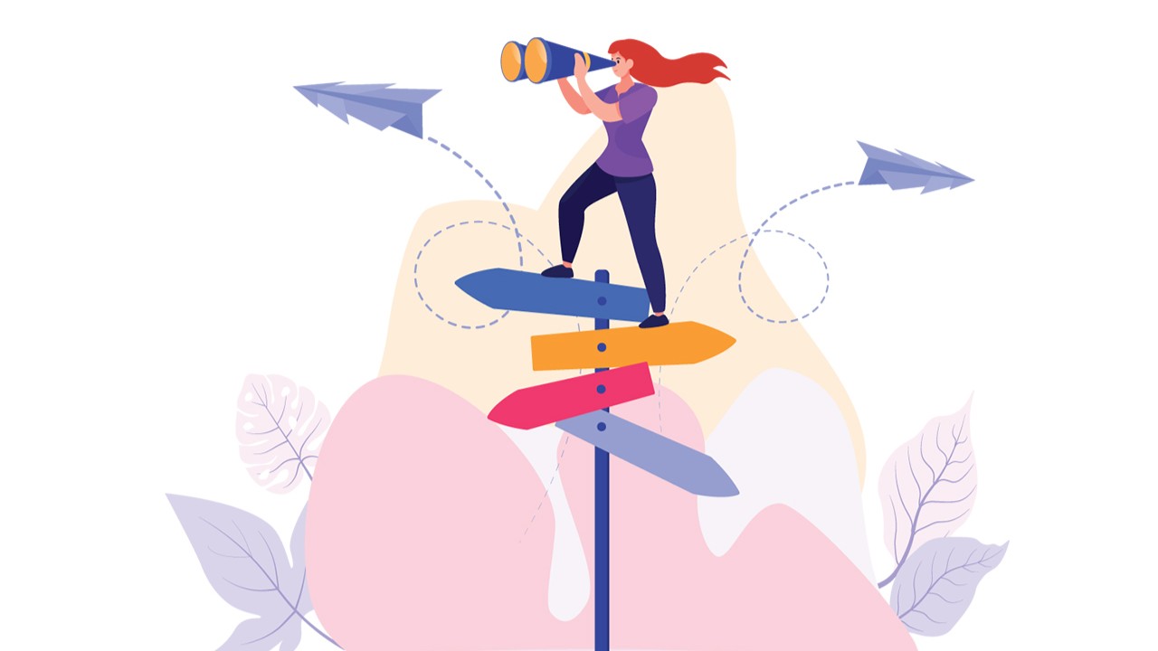 A person stands atop a sign post showing multiple directions. Career quiz, career path concept imsge.