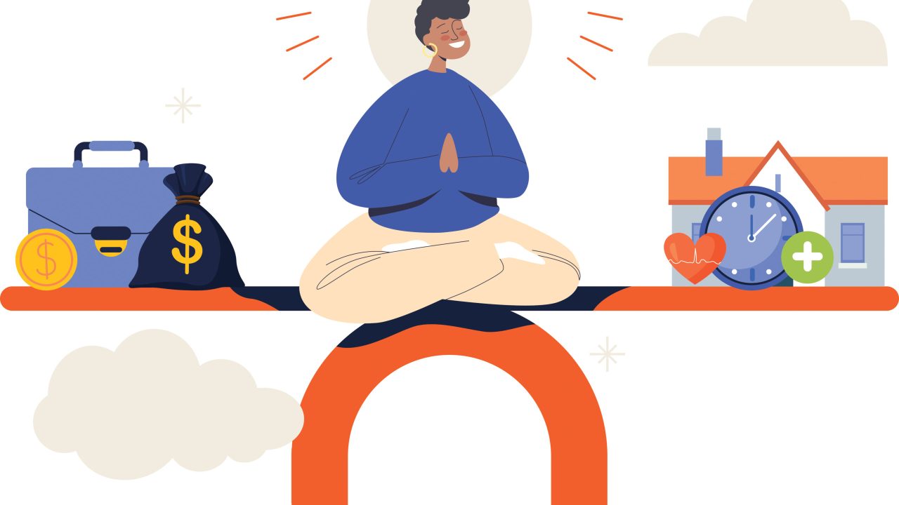 Clip art showing a person standing on a scale trying to balance money and happiness. Here's how to set goals for yourself, not others.