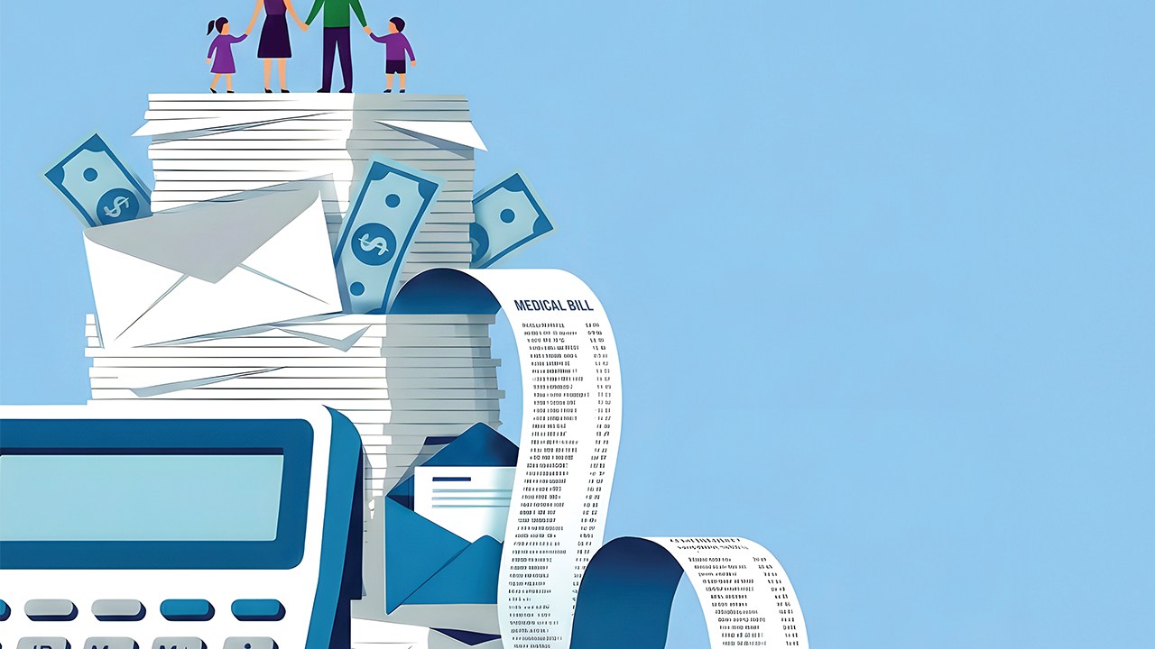 Illustration representing the soaring cost of ADHD care with a stack of bills and money next to a calculator and an ADHD family standing on top