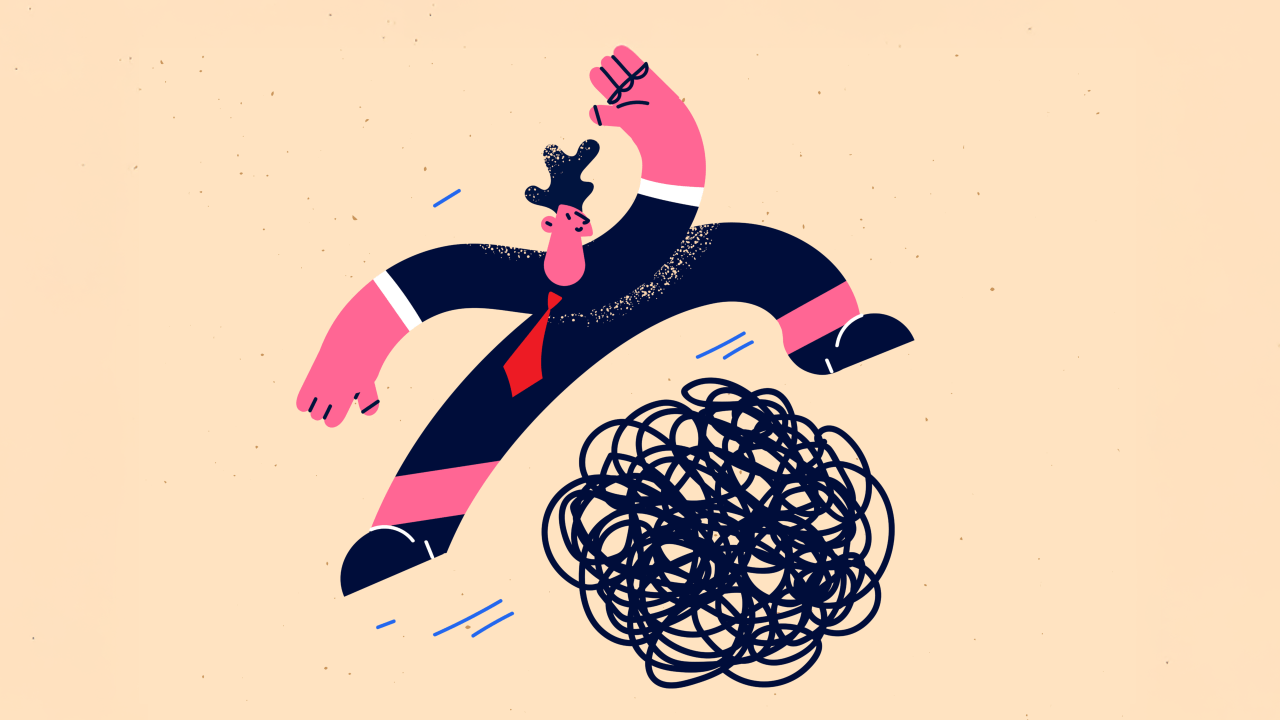 An illustration of a person jumping over a scribbled circle, representing task avoidance, how to stop procrastinating, automatic avoidant thoughts