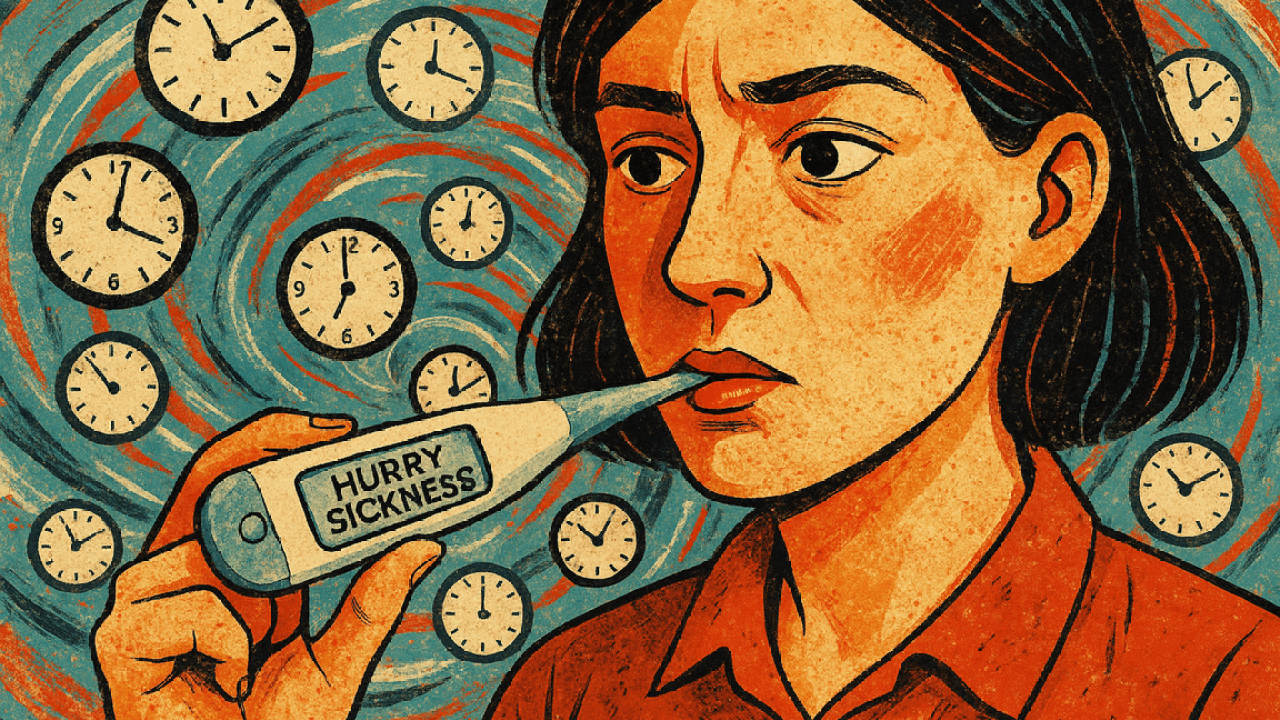 Sense of urgency syndrome, or hurry sickness, depicted by a woman taking her temperature with a thermometer labeled "hurry sickness."