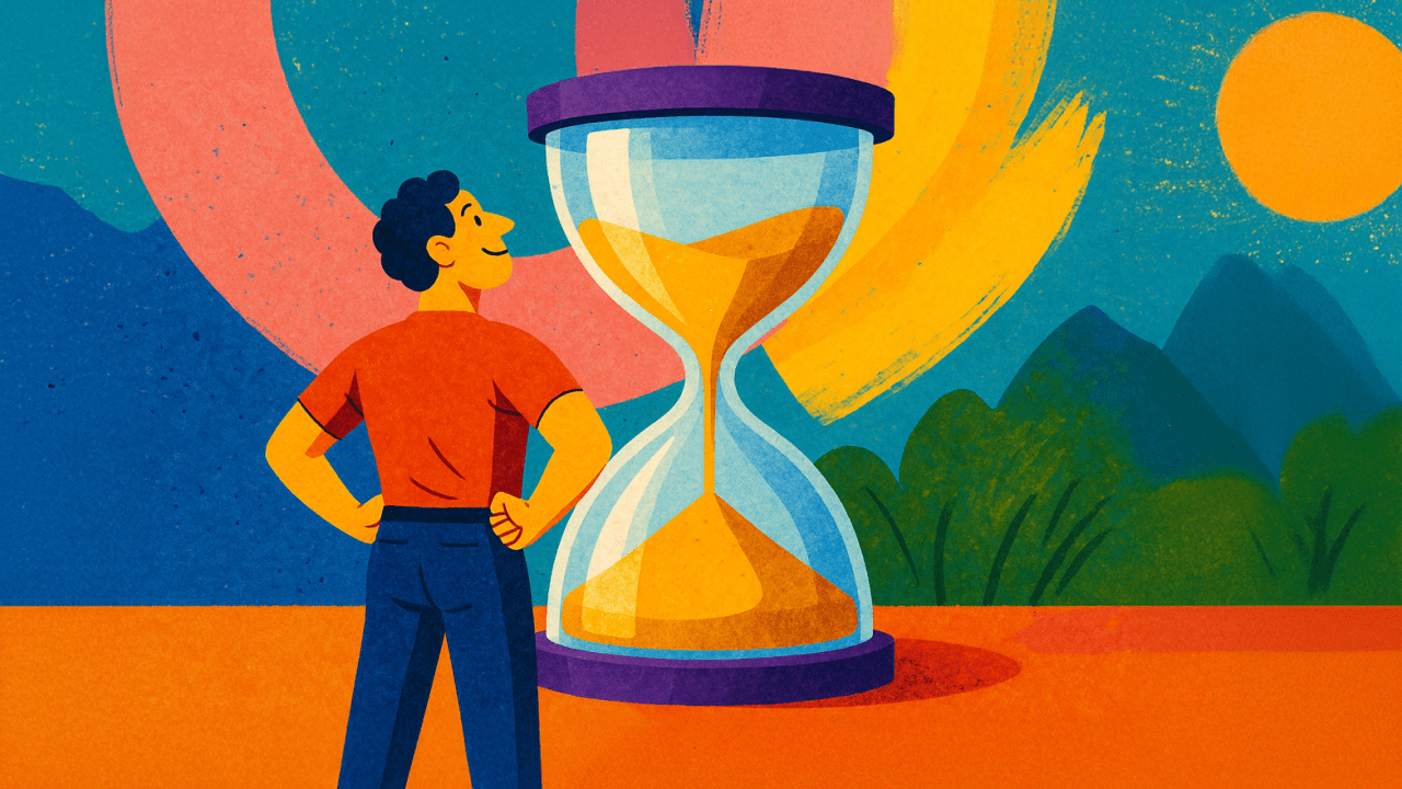 Time blindness? Try time optimist instead. An illustration of a person standing before a massive hourglass.